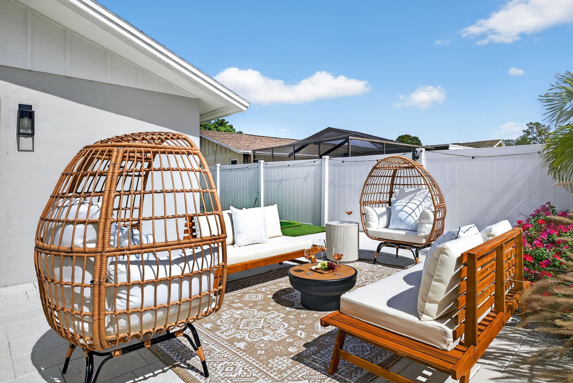 Patio with rattan egg chairs at Luxury Tropical Oasis in Largo, Florida